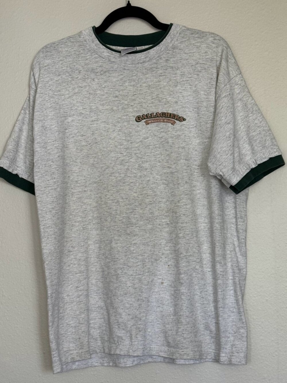 Vintage 90s HL Miller Total Tee Gallaghers Ringer Shirt Gray Green Made in USA L